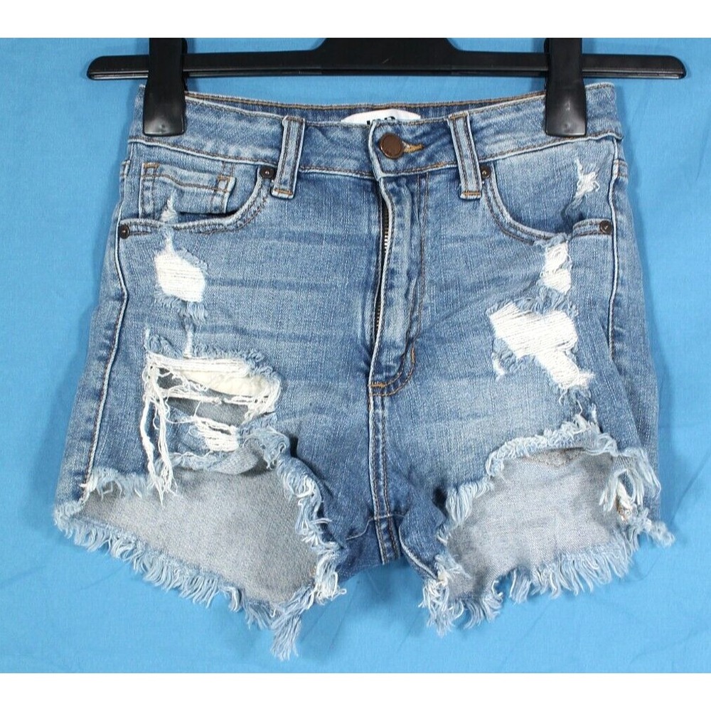 JBD JUST BLACK DENIM Blue DESTROYED Cut-Off HIGH RISE 5-Pocket JEAN SHORTS Sz XS